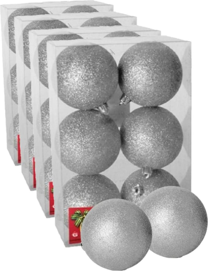 Gerimport Kerstballen 24x - zilver - kunststof glitters - 4 cm - feestelijk elegant - eenvoudig ophangen