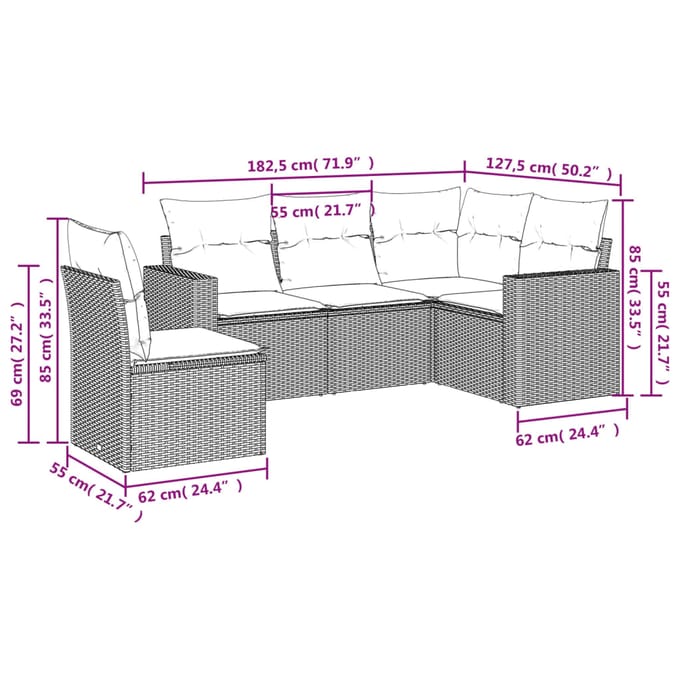 vidaXL 5-delige Loungeset met kussens poly rattan beige