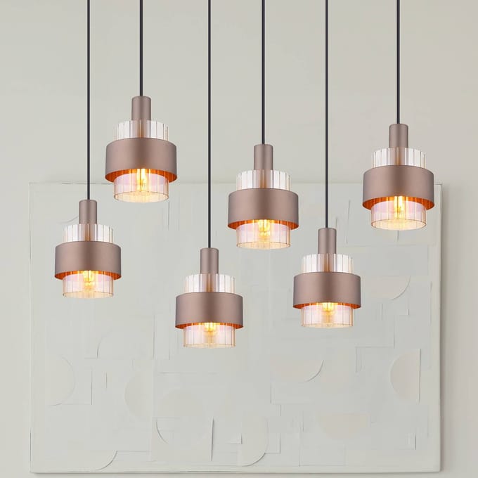 Globo Hanglamp Milley, lengte 96 cm, bronskleurig, 6-lamps, metaal