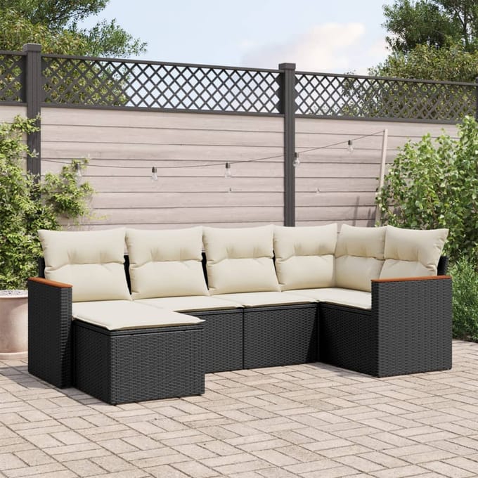 vidaXL - 6-delige - Loungeset - met - kussens - poly - rattan - zwart