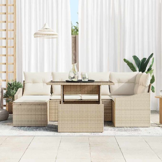 vidaXL - Tuinbank - Set - 7 - st - Beige - en - Crème - poly - rattan