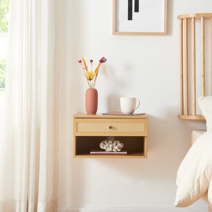 Wandrek Eiker met lade 40x31,5x23 cm eikenkleurig en rotan look [en.casa]