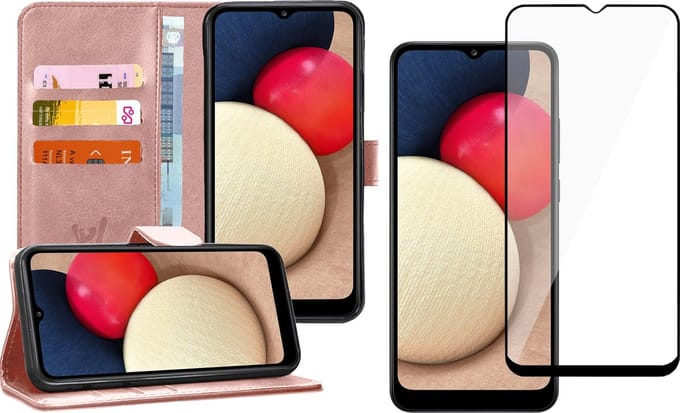 Hoesje geschikt voor Samsung Galaxy A02s - Screen Protector FullGuard - Book Case Kunstleer Pasjeshouder Rosegoud & Screenprotector