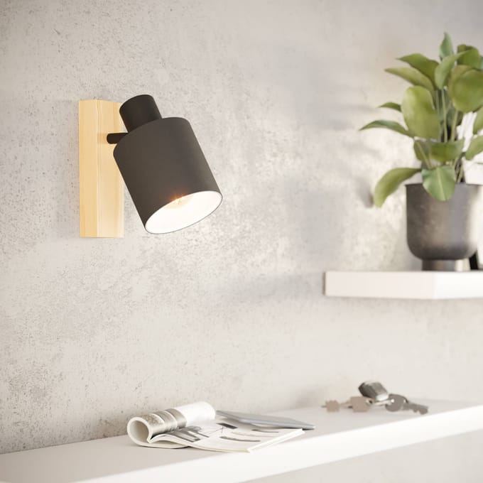EGLO Batallas wandspot, breedte 10 cm, zwart/hout, stof