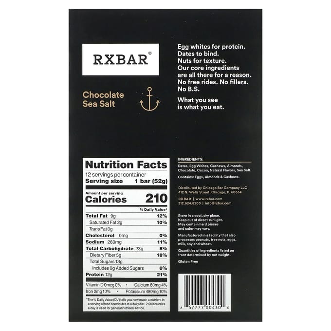 RXBAR, eiwitreep, chocolade zeezout, 12 repen, 52 g (1.83 oz) elk