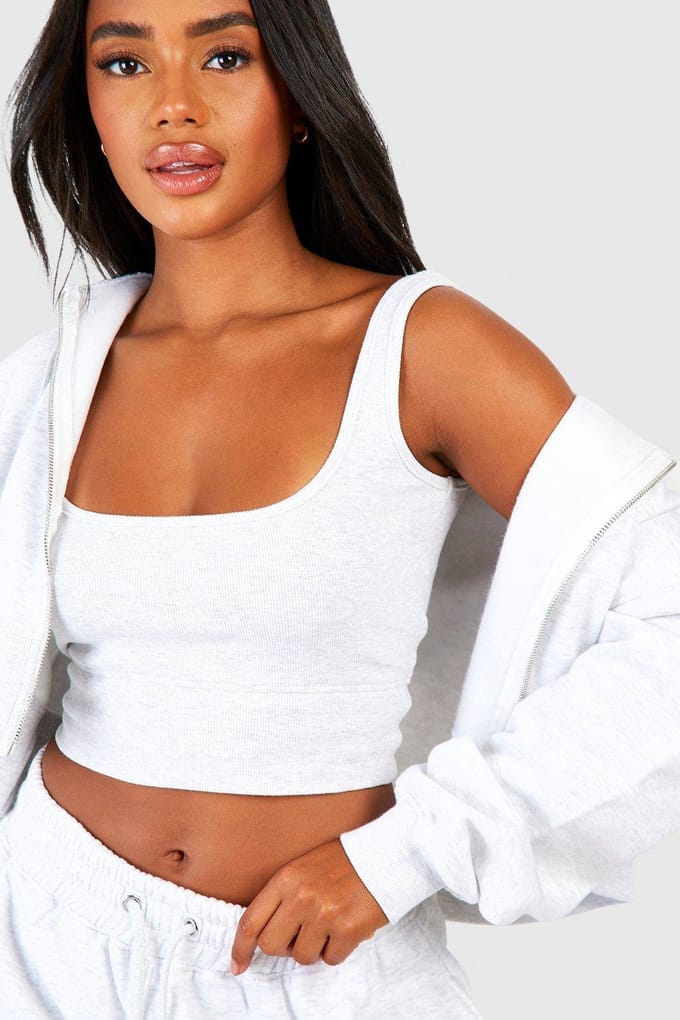 boohoo Dames Deep Hem Crop Top 3-delig met capuchon tracksuit | Asgrijs | Maat: 38
