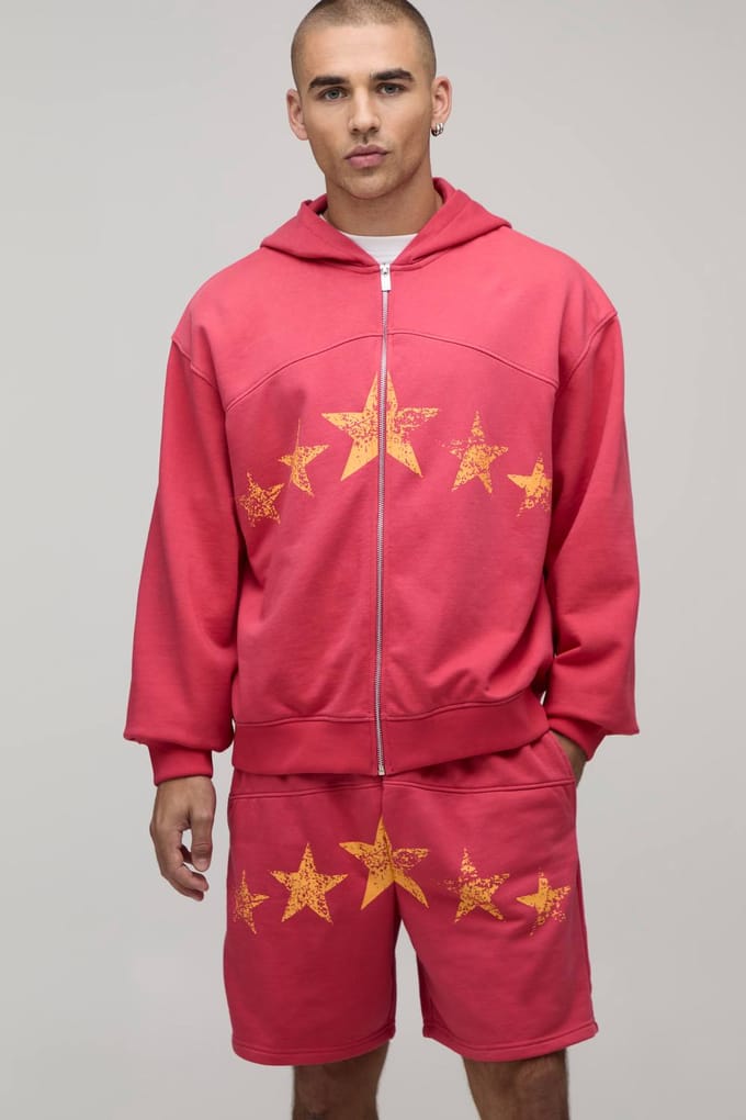 Oversized Boxy Trainingspak Met Hardware Details, Ritssluiting En Wijde Korte Broek | Red | Size Medium
