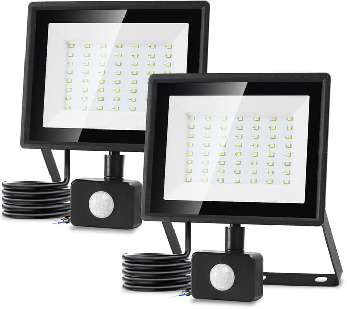 Aigostar - 2X LED Schijnwerper 50W met sensor - IP65 - 6500K - Daglicht wit - Floodlight - Bouwlamp - Zwart