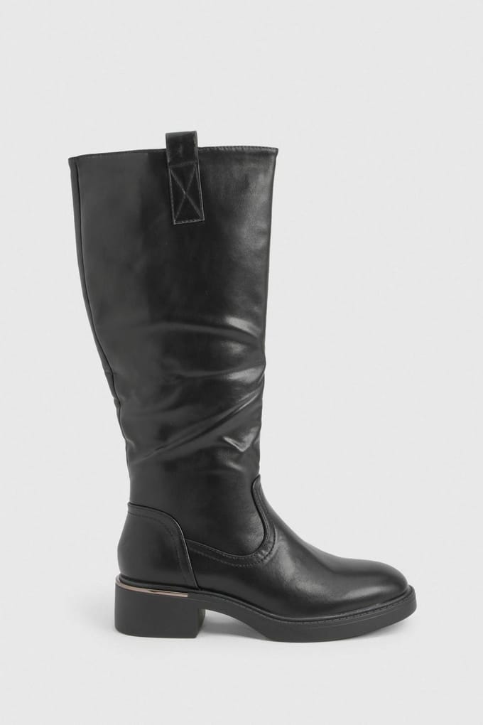 boohoo Dames Chunky kniehoge platte laarzen | Black | Maat: 4