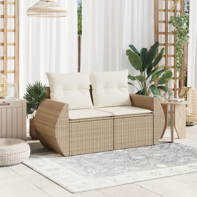 vidaXL - Tuinbank - 2-zits - met - kussens - poly - rattan - beige