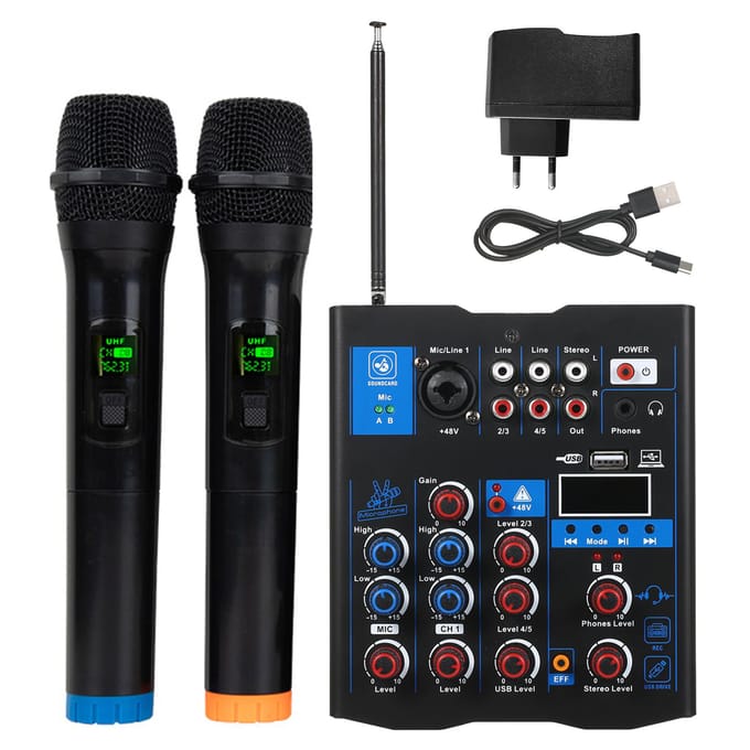 Professionele audiomixer met dubbele draadloze microfoon, geluidskaartconsolesysteeminterface 4 EU Plug zwart
