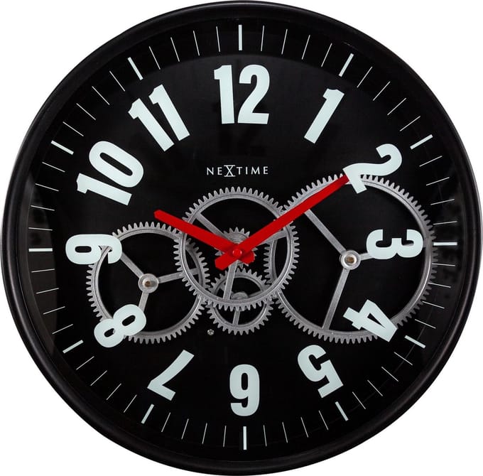 NeXtime Gear Clock – Wandklok – 36 cm – Metaal/Glas – Wit – Bewegende tandwielen