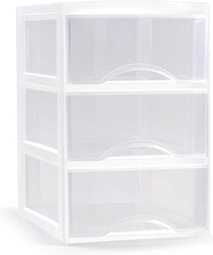 Plasticforte Ladeblokje/bureau organizer met 3x lades - transparant/wit - L18 x B25 x H25 cm