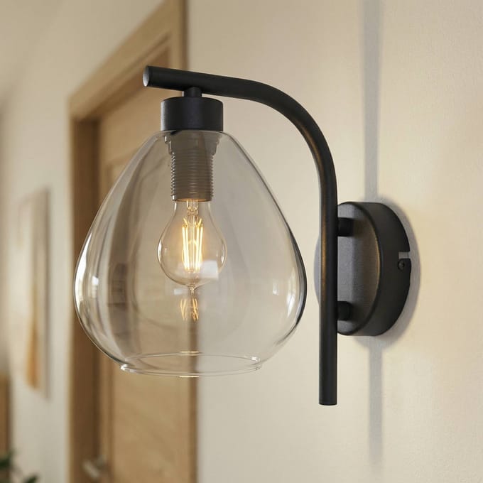 Lindby - wandlamp - 1licht - Glas, ijzer - H: 20 cm - E14 - rookgrijs, mat zwart