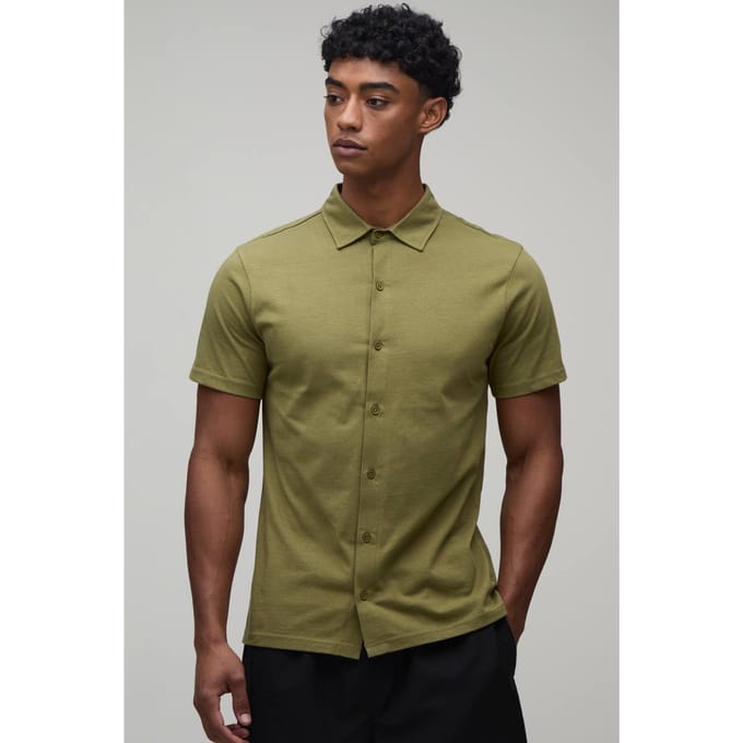 Slim Fit Jersey Overhemd Met Korte Mouwen En Reverskraag | Khaki | Size Medium
