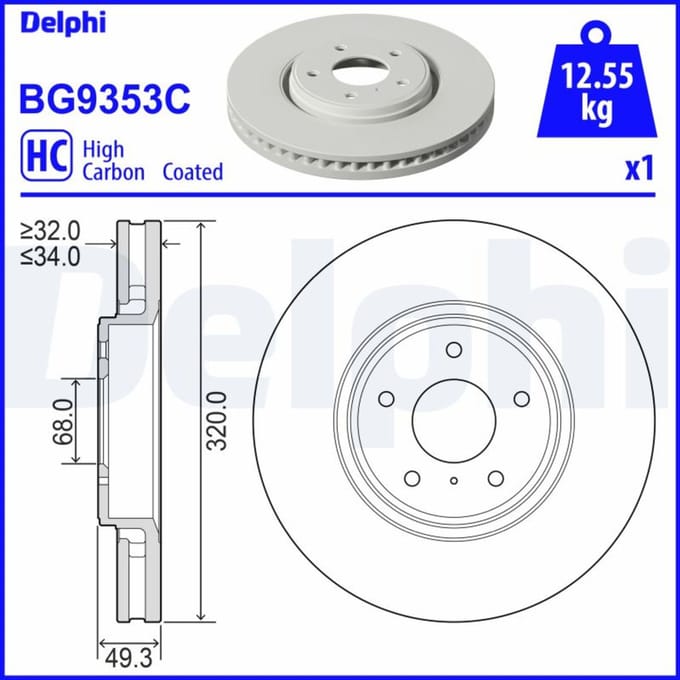 Remschijf DELPHI BG9353C voorkant, geventileerd, sterk gecarboniseerd, 1 Stuk