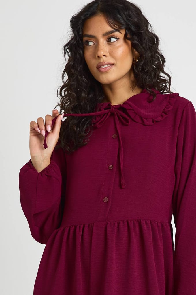 boohoo Dames Geplooide Ruches Kraag Smock Jurk | Plum | Maat: 8