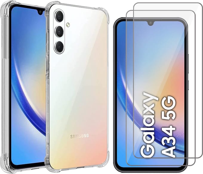 Hoesje geschikt voor Samsung Galaxy A34 - 2x Screen Protector GlassGuard - Back Cover Case ShockGuard Transparant & Screenprotector