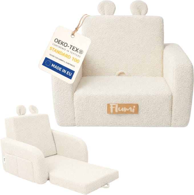 Flumi - 2 in 1 Uitschuifbare Kinderfauteuil - Schuimconstructie - Afneembare Wasbare Hoes - Teddy Stof - Met Zijvakken - Lichtbeige