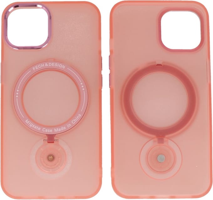 iPhone 15 Plus Magsafe Hoesje - Mat Transparant Case met Staande Functie - Roze