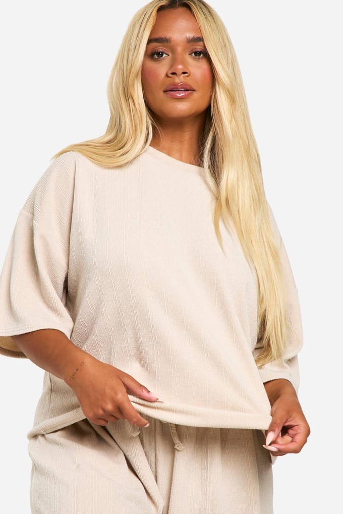 boohoo Dames Plus T-shirt & Wijde Broek Co-ord | Stone | Maat: 16