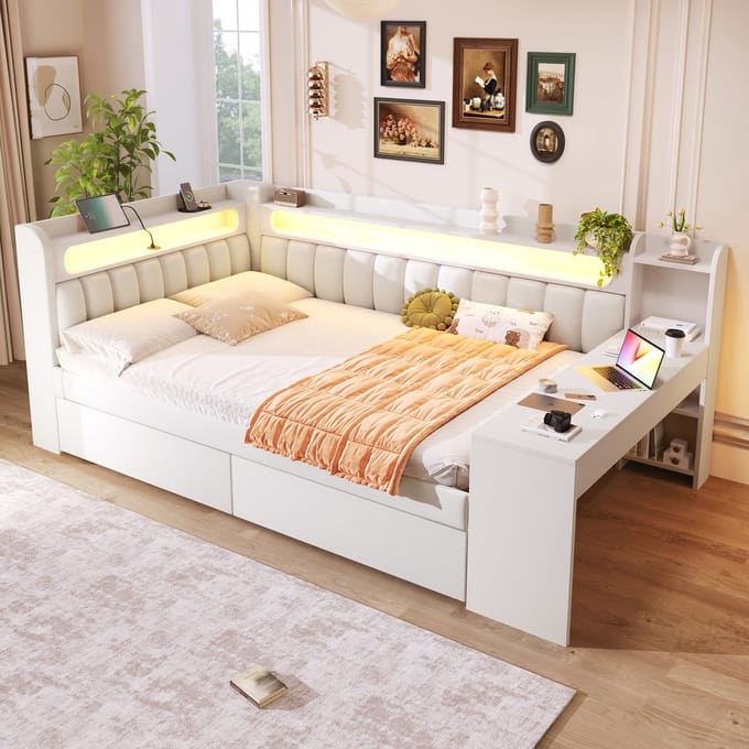 MODENUIT Dagbed 140x200 cm – Met USB-Aansluiting en LED-verlichting – Met Bureau en 2 Laden – Zonder matras – Wit
