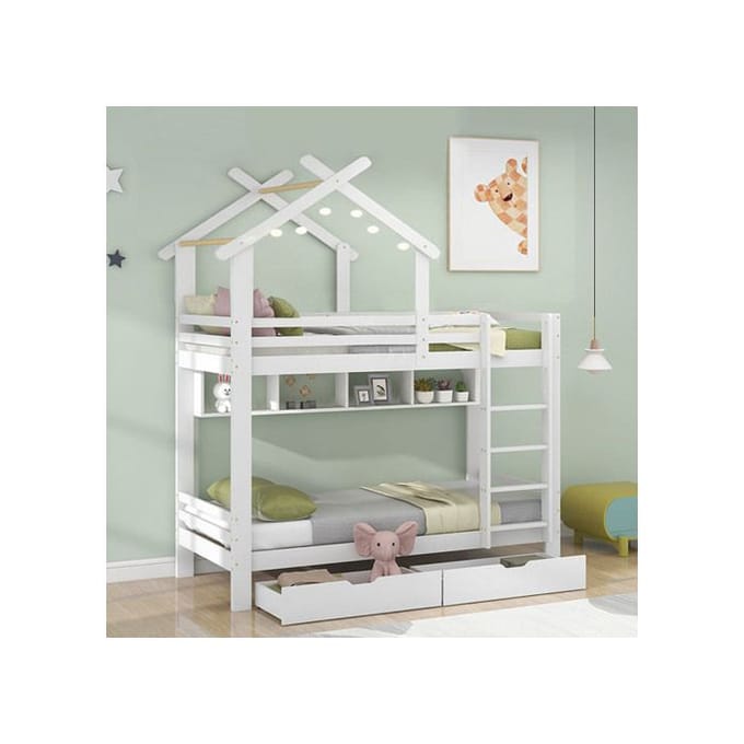 Stapelbed - MUVOE - 90x200cm - Wit - Met lades en planken - Veilig voor kinderen wit