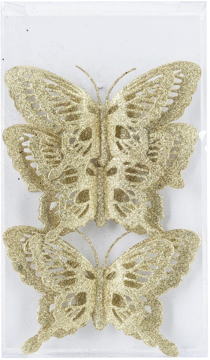 Kerstboomversiering Vlinder - 3x stuks - 14 cm - goud glitter - op clip