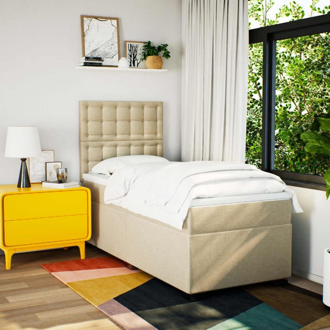 vidaXL - Boxspring - met - matras - stof - crèmekleurig - 90x190 - cm
