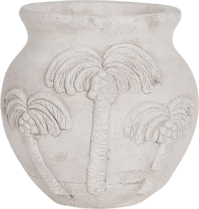 Clayre & Eef Bloempot Ø 15x14 cm Wit Steen Rond Palmbomen Bloempot binnen