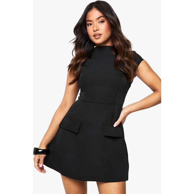 boohoo Dames Petite Hoge Hals Gestructureerde Getailleerde Mini-Jurk | Zwart | Maat: 34