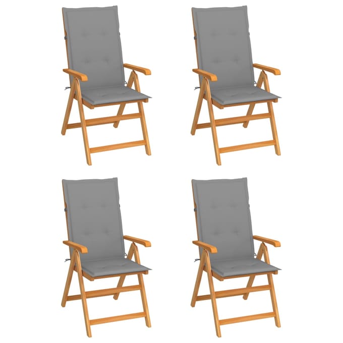 vidaXL - Inklapbare - stoelen - 4 - st - met - grijze - kussens - massief - teakhout