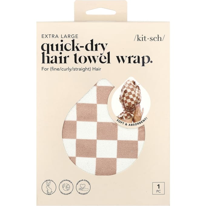 Kitsch, enveloppe de serviette pour cheveux à séchage rapide, extra large, damier terracotta, 1 pièce white