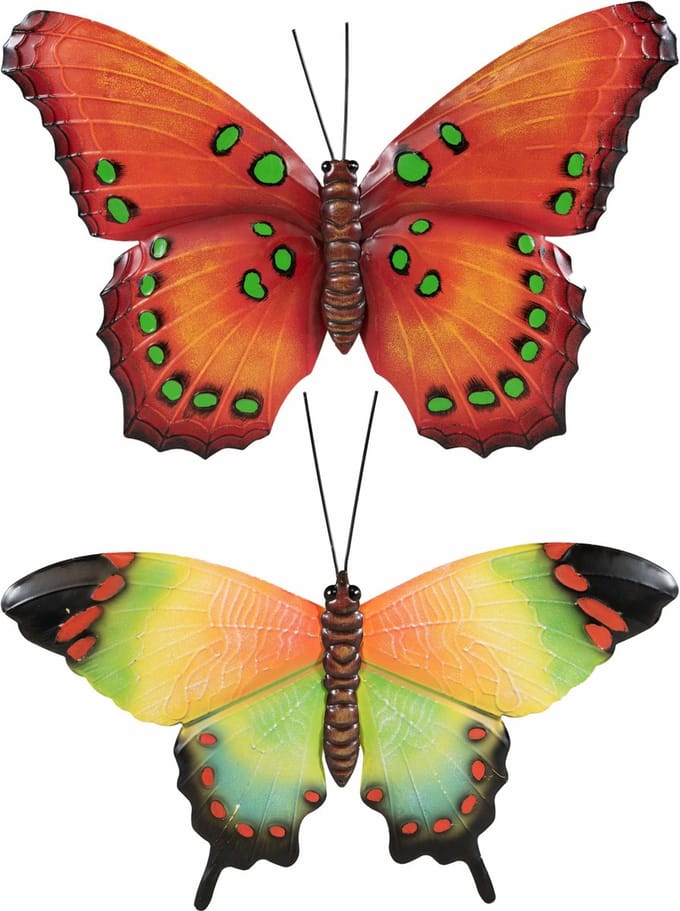 Tuindecoratie vlinders - 2x - metaal - oranje/groen - 48 x 30 cm