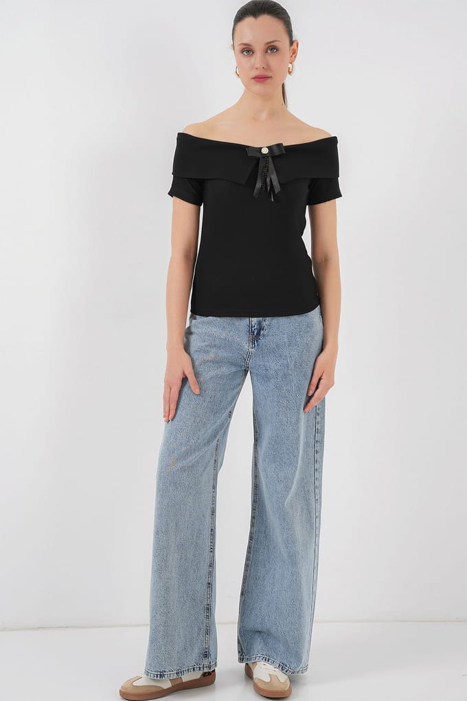 Boothals Geribbelde Blouse met Strik
