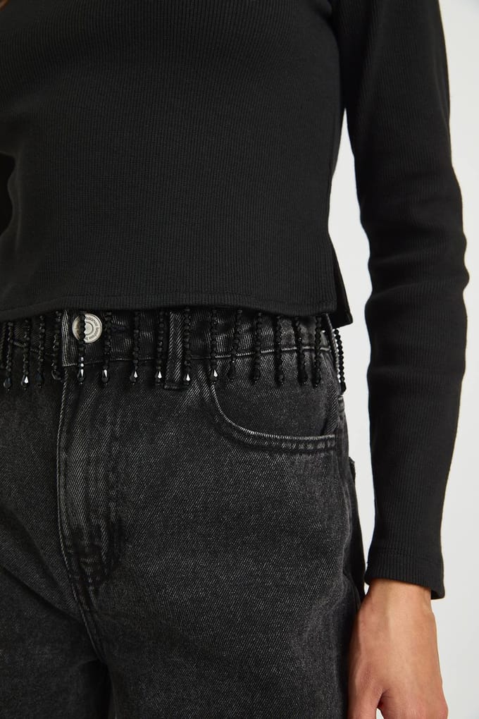 boohoo Dames Glinsterende afwerking lange mouwen geribde top | Black | Maat: 14