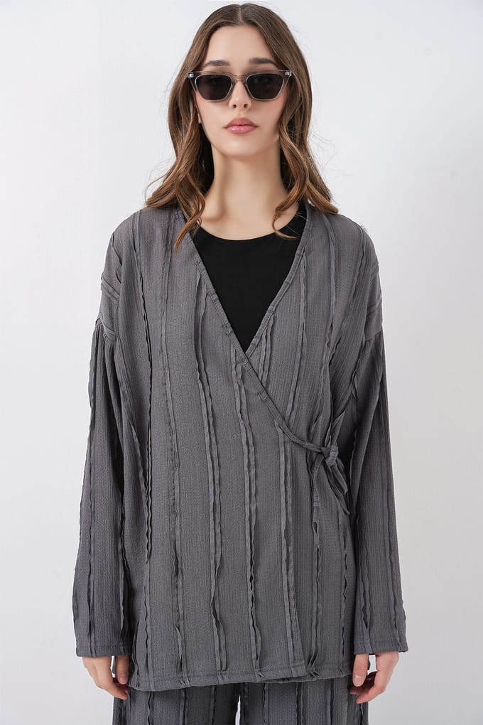 Geverfde V-hals met Strikdetail Kimono & Wijde Broek Set