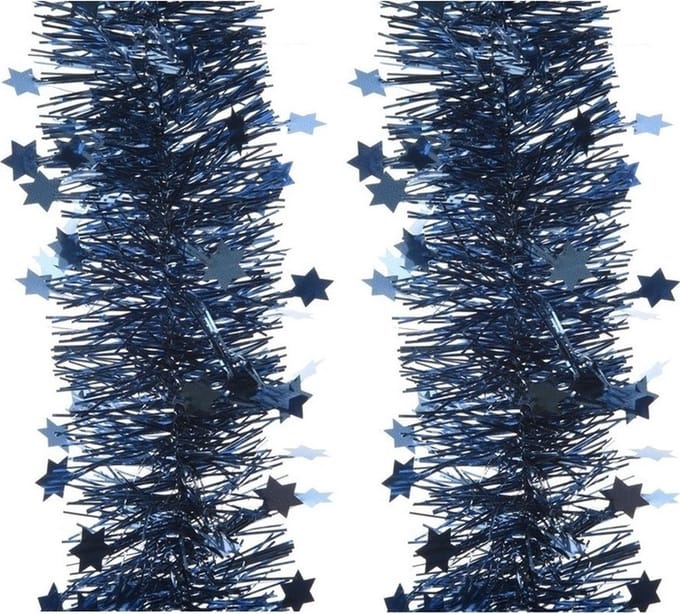 Decoris Kerstslinger - 2x - sterren - donkerblauw - 270 x 10 cm - lametta/folie - kerstboomslinger