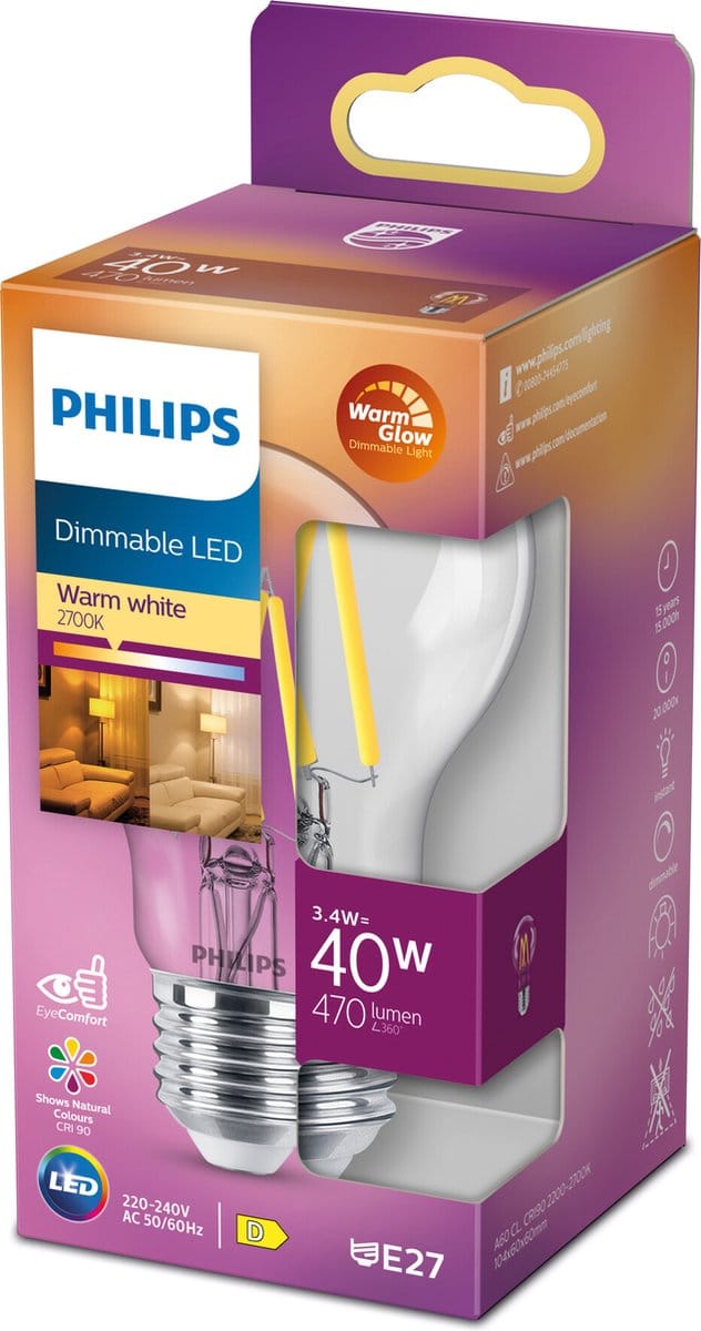 Philips Ledfilamentlamp Peertje Classic - D6cm - Dimbaar - Warm Wit - E27 - 3,4w