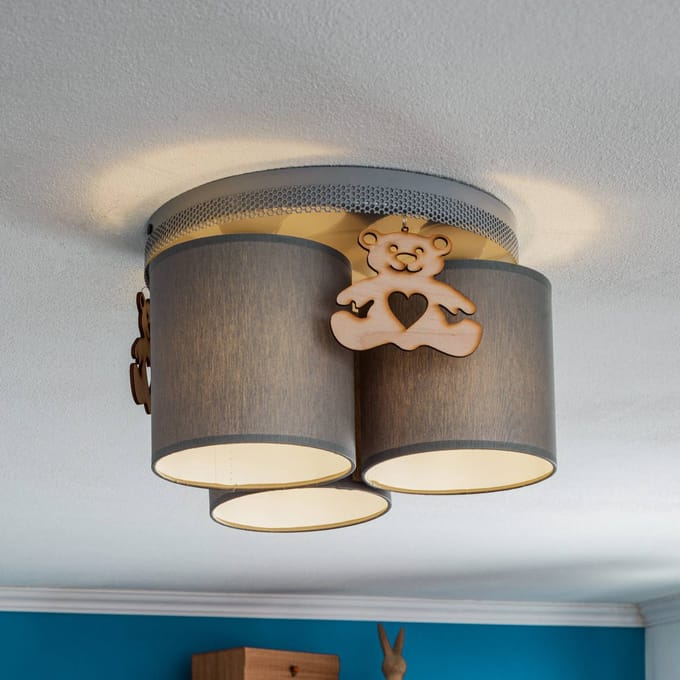 Eko-Light Plafondlamp Mis, grijs met houten beer, 3-lamps