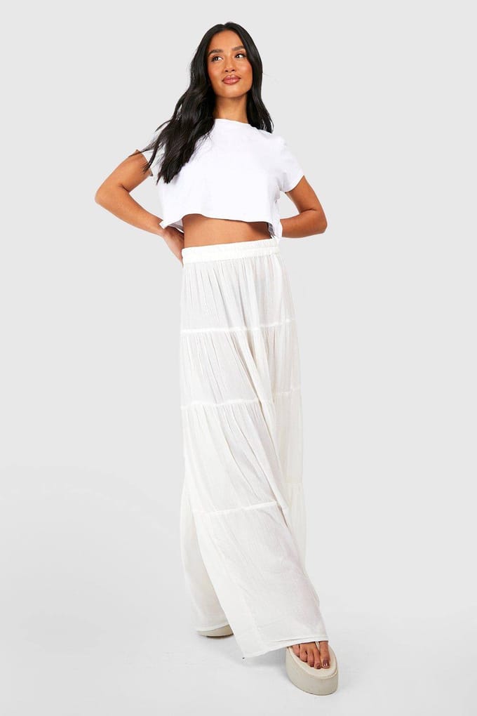 boohoo Dames Petite gelaagde kaasdoek maxi rok | Wit | Maat: 38