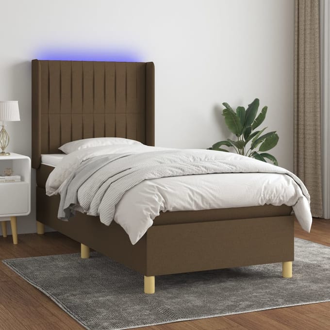 vidaXL - Boxspring - met - matras - en - LED - stof - donkerbruin - 90x190 - cm