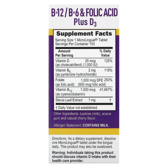 B-12, B-6 en Foliumzuur, D3 Plus, Direct Oplosbaar Microlinguaal 100 Tabletten