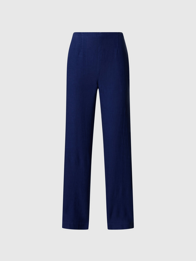 blauwe vrouw linnen broek