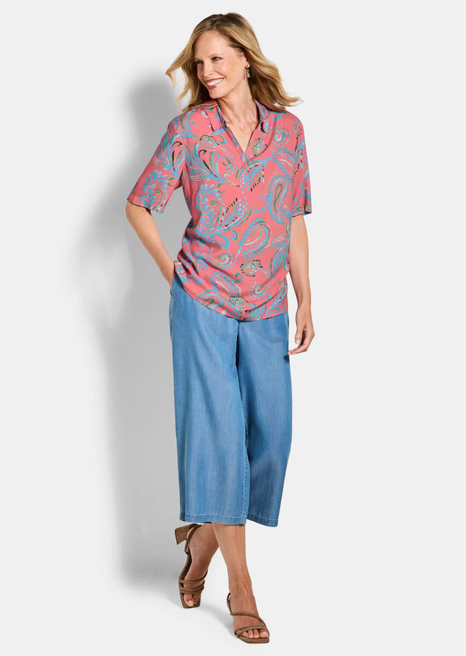 Paisleyblouse van pure viscose - koraalrood / gedess. - Gr. 25 van Goldner Fashion