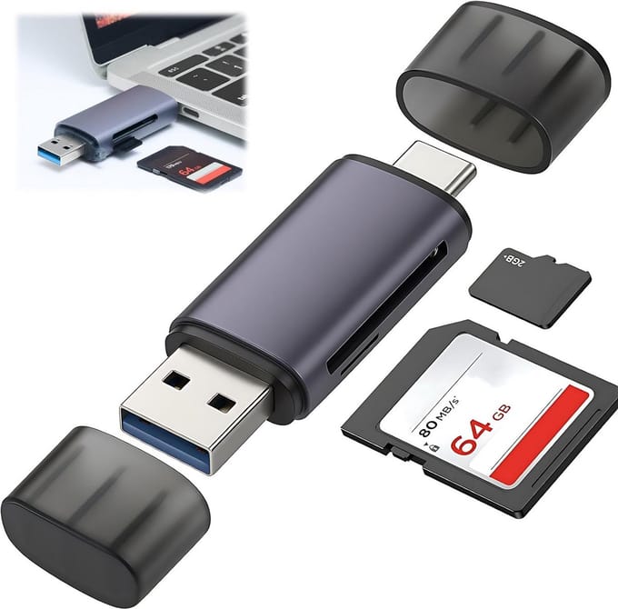 Kaartlezer - USB C Adapter - Snelle Data Transfer - Leest Twee Kaarten - Dual USB 3.0 - Zilver