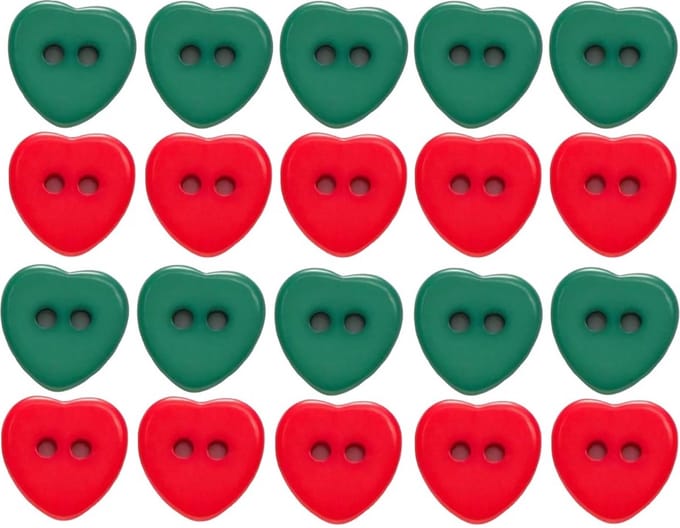 Kunststof knopen - Hart knoop - Groen en Rood - 11mm - 20 stuks
