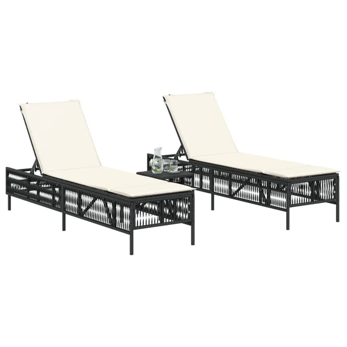 vidaXL - Ligbedden - 2 - st - met - tafel - poly - rattan - zwart