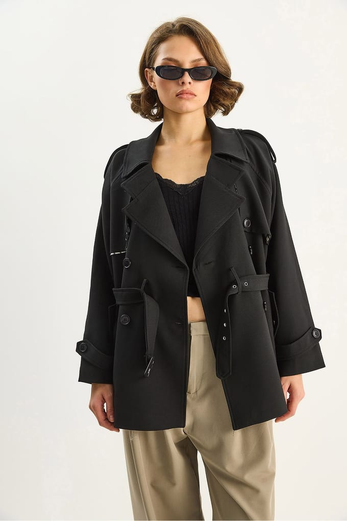 Katoenen Mix Midi Trenchcoat met Knopsluiting