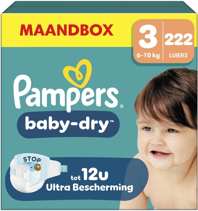 Pampers Baby-Dry Maat 3 – Pak met 222 Wegwerpluiers voor een betrouwbare nachtrust en tot 12 uur droog comfort.